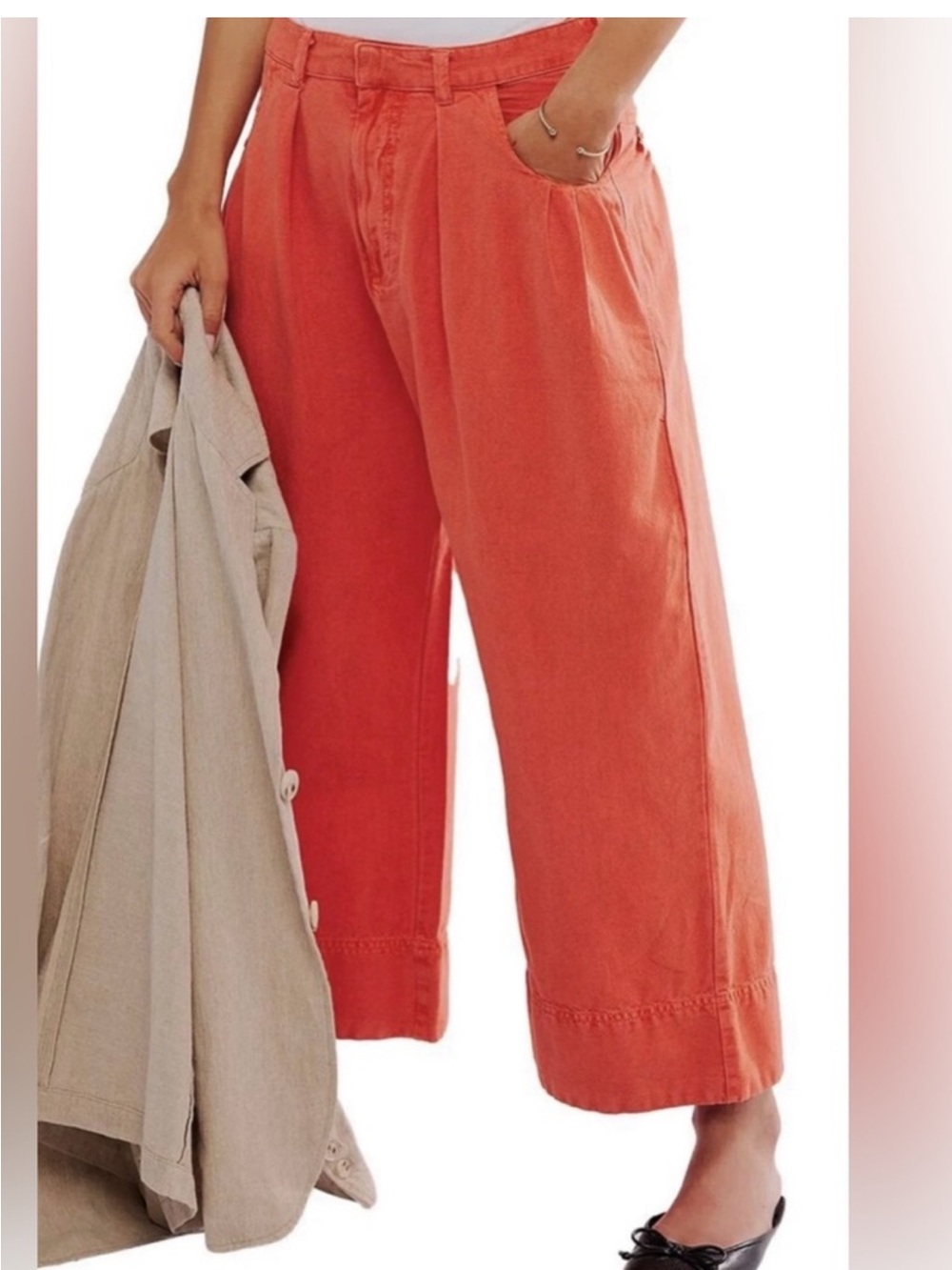 Free People Cropped Wide-Leg Pants in Coral